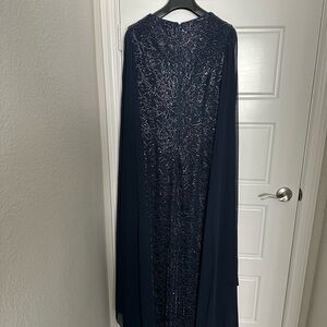 Teri Jon Midnight Blue Maxi Dress with Intricate Detailing